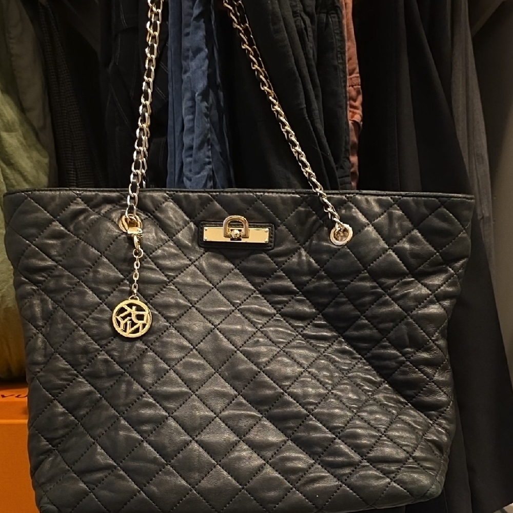 DKNY Black Quilted Shoulder Bag with Gold Accents
